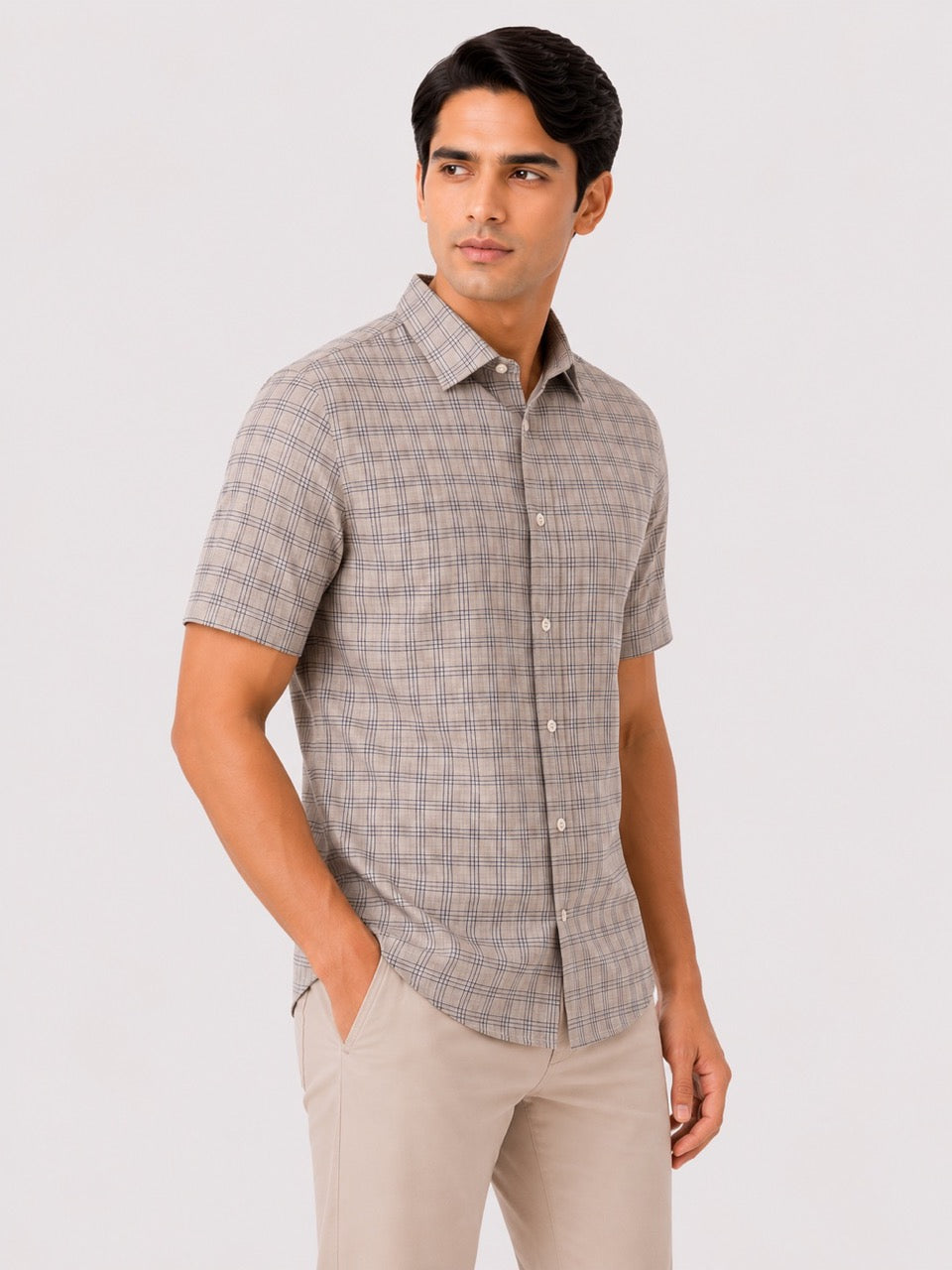 Men's Grey Check Cotton Regular Fit Half Sleeve Formal Shirt | MARK & ALBERT