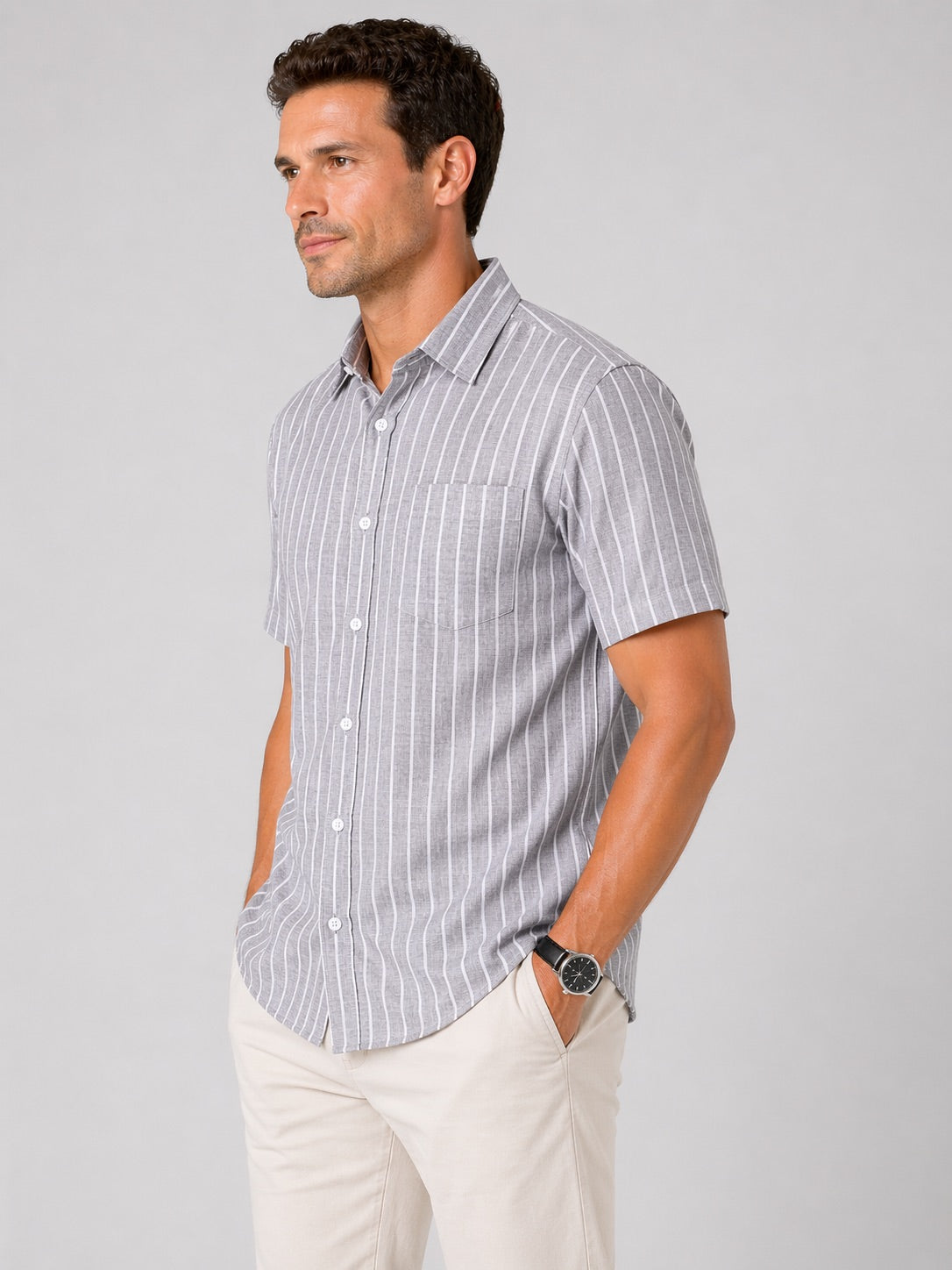 Men’s Steel Grey Striped Shirt Linen Cotton Blend Slim Fit Semi Casual Half Sleeve Shirt | MARK & ALBERT