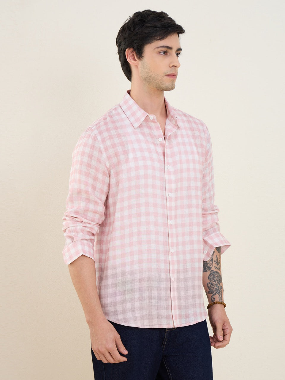 Men's Pink Check Pure Linen Slim Fit Casual Shirt | MARK & ALBERT