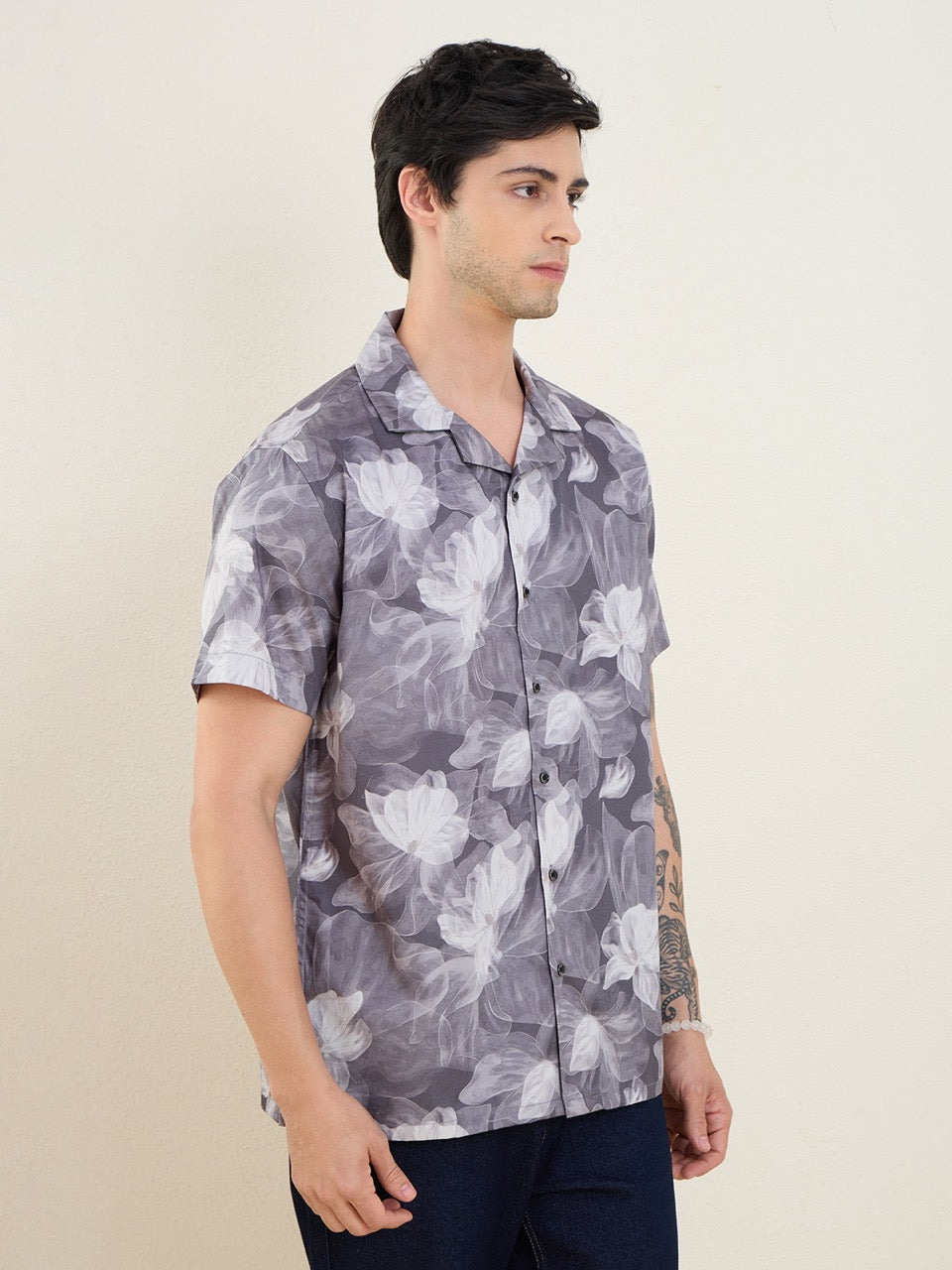 Men's Grey Floral Print 100% Cotton Cuban Collar Regular Fit Casual Shirt | MARK & ALBERT