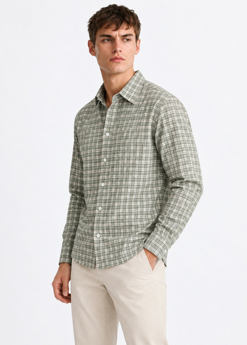 Men's Sage Green Checks Cotton Linen Slim Fit Casual Shirt | MARK & ALBERT