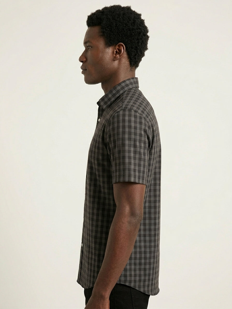 Black Check Cotton Blend Regular Fit Half Sleeve Shirt