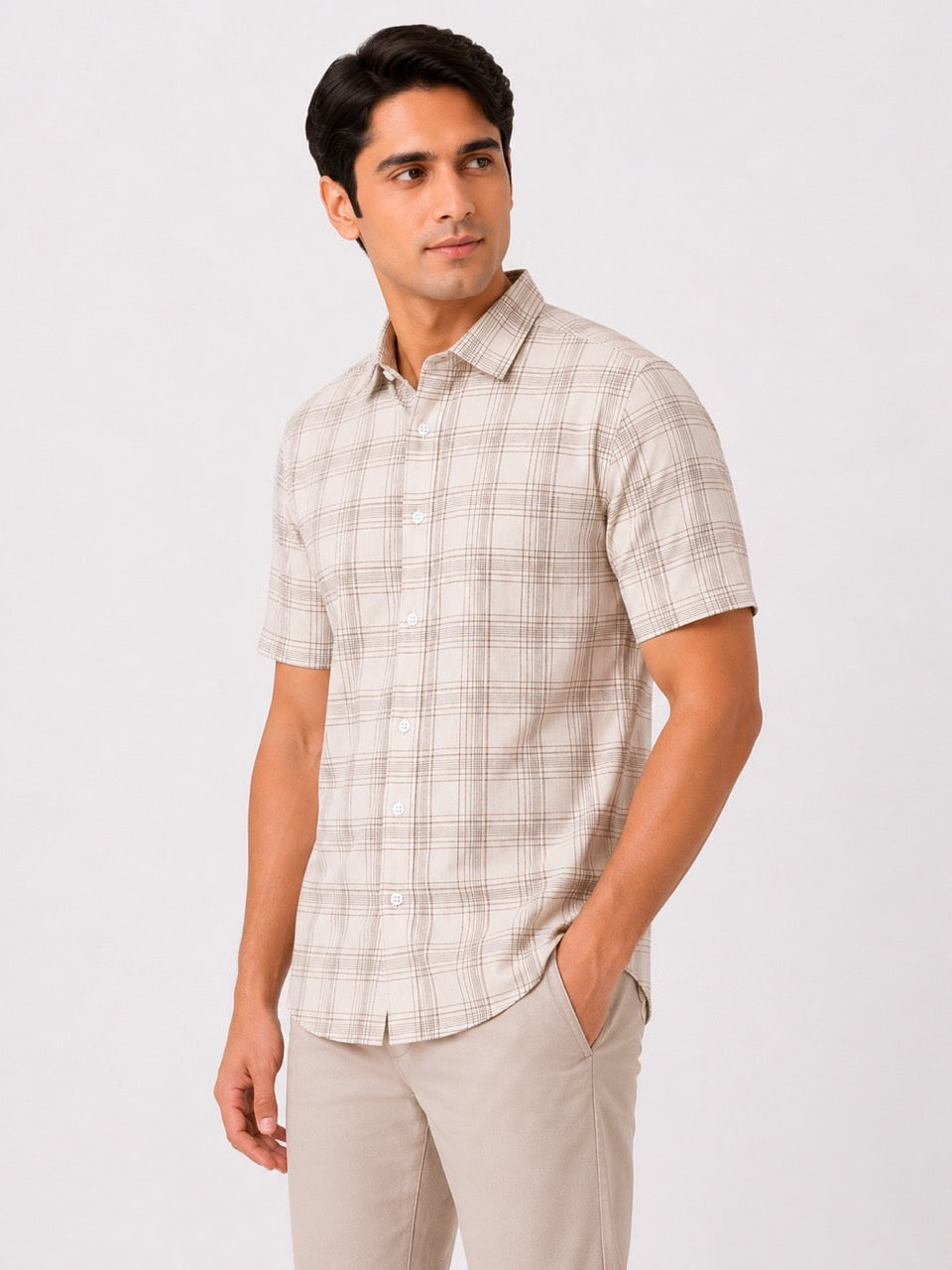 Men's Cream Check Cotton Regular Fit Half Sleeve Formal Shirt | MARK & ALBERT