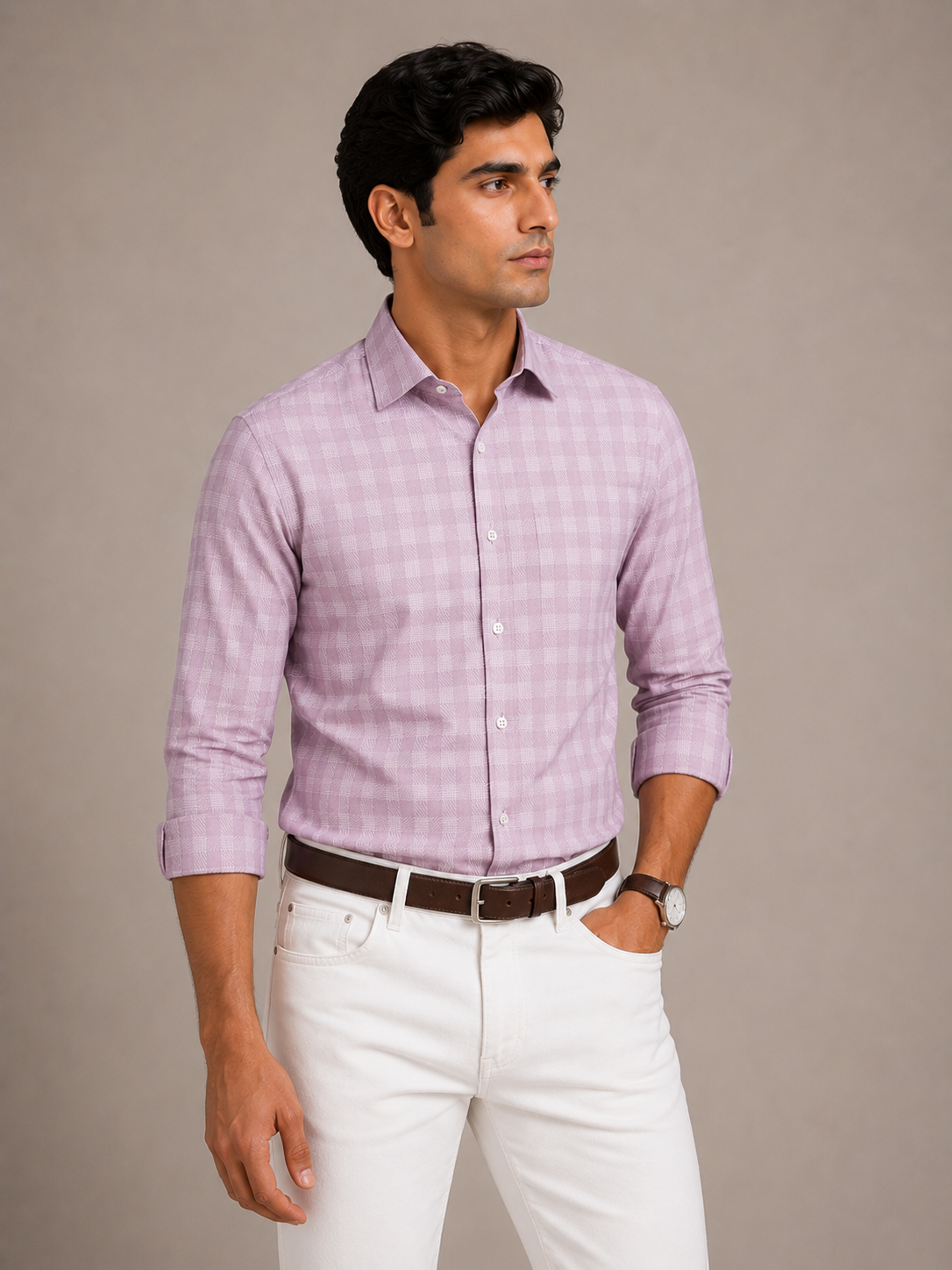 Men's Pink Herringbone Check Slim Fit 100% Cotton Shirt | MARK & ALBERT