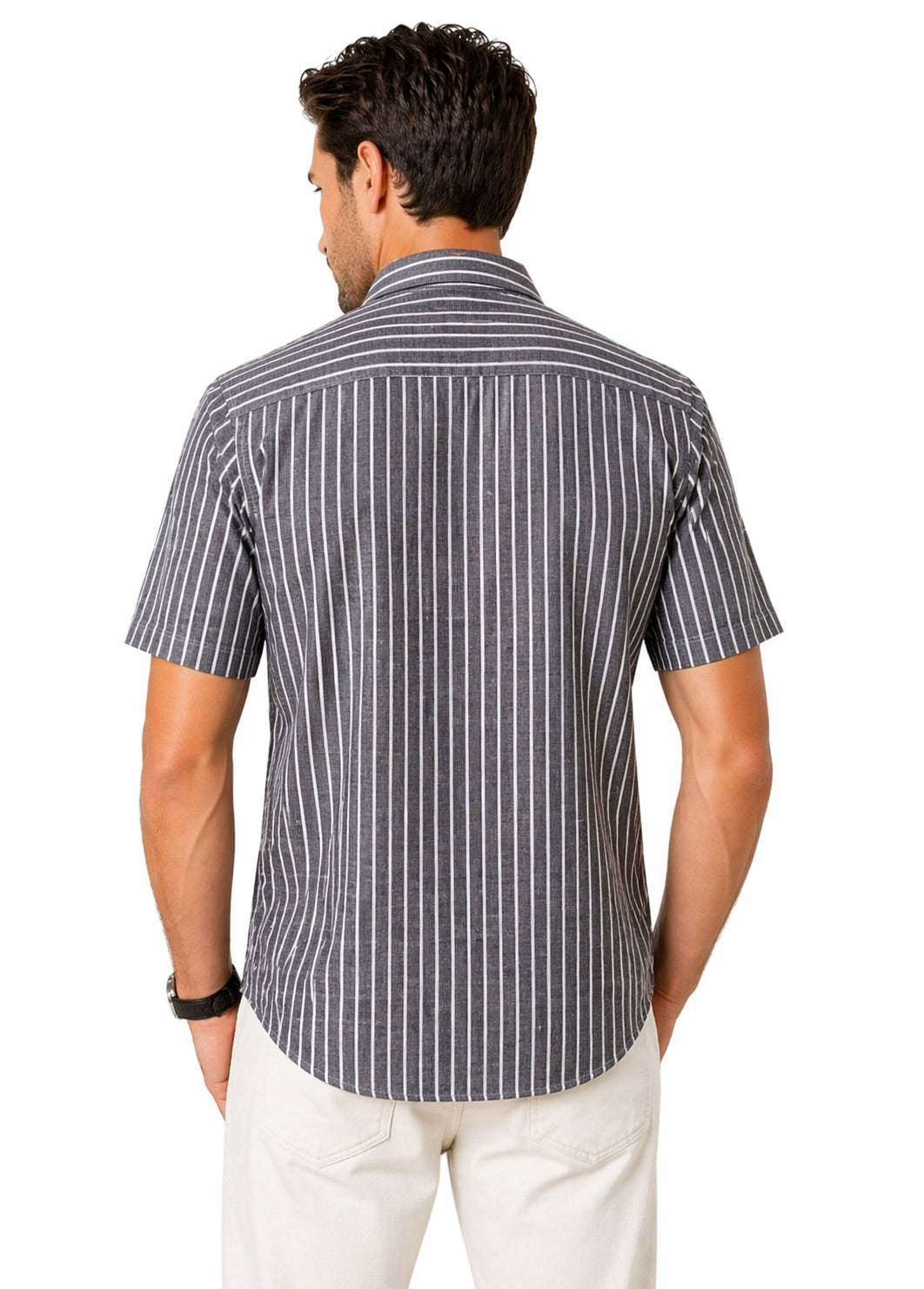 Men’s Grey Striped Shirt Linen Cotton Blend Slim Fit Semi Casual Half Sleeve Shirt | MARK & ALBERT