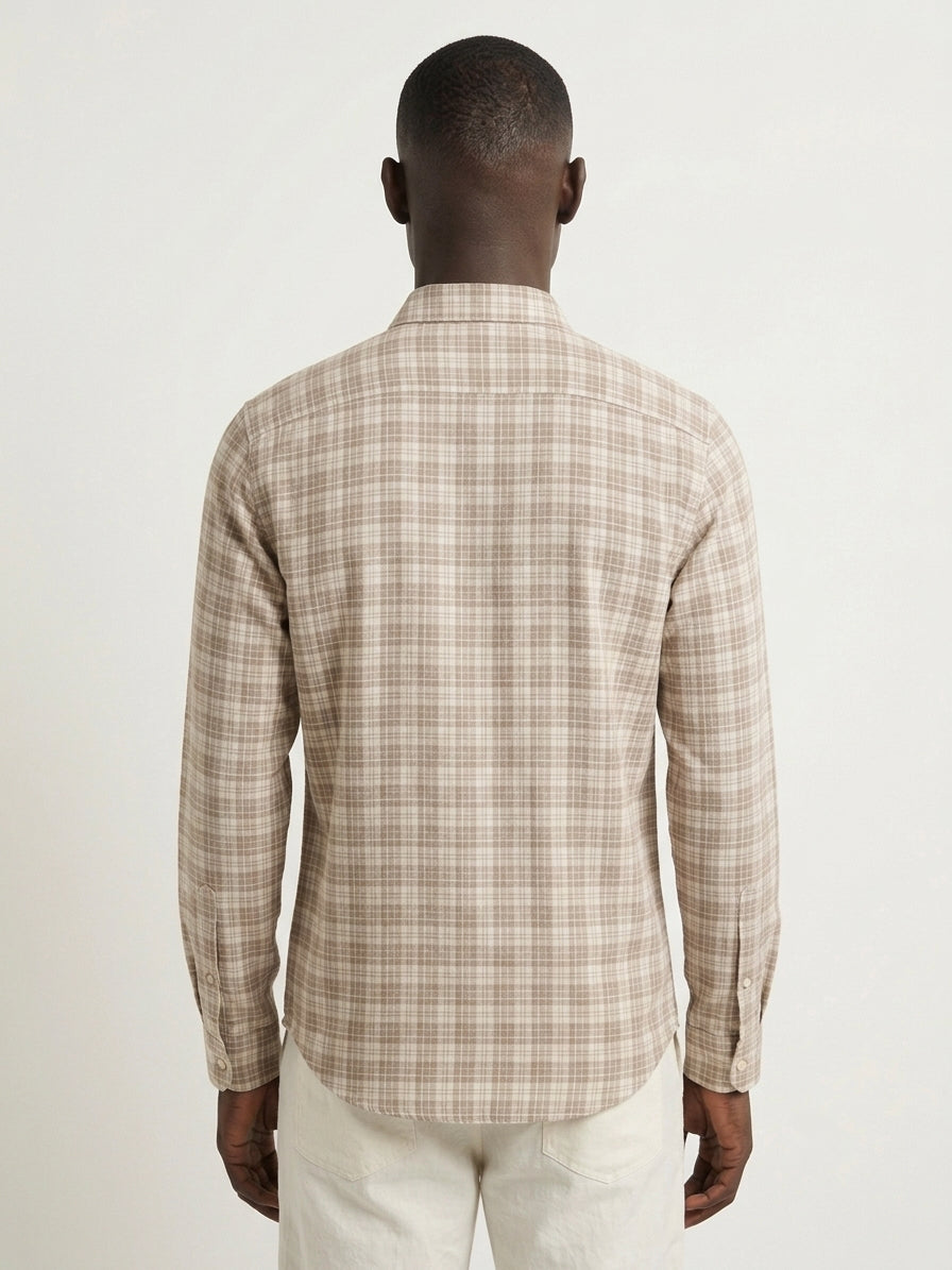 Brown Checks Cotton Linen Slim Fit Casual Shirt