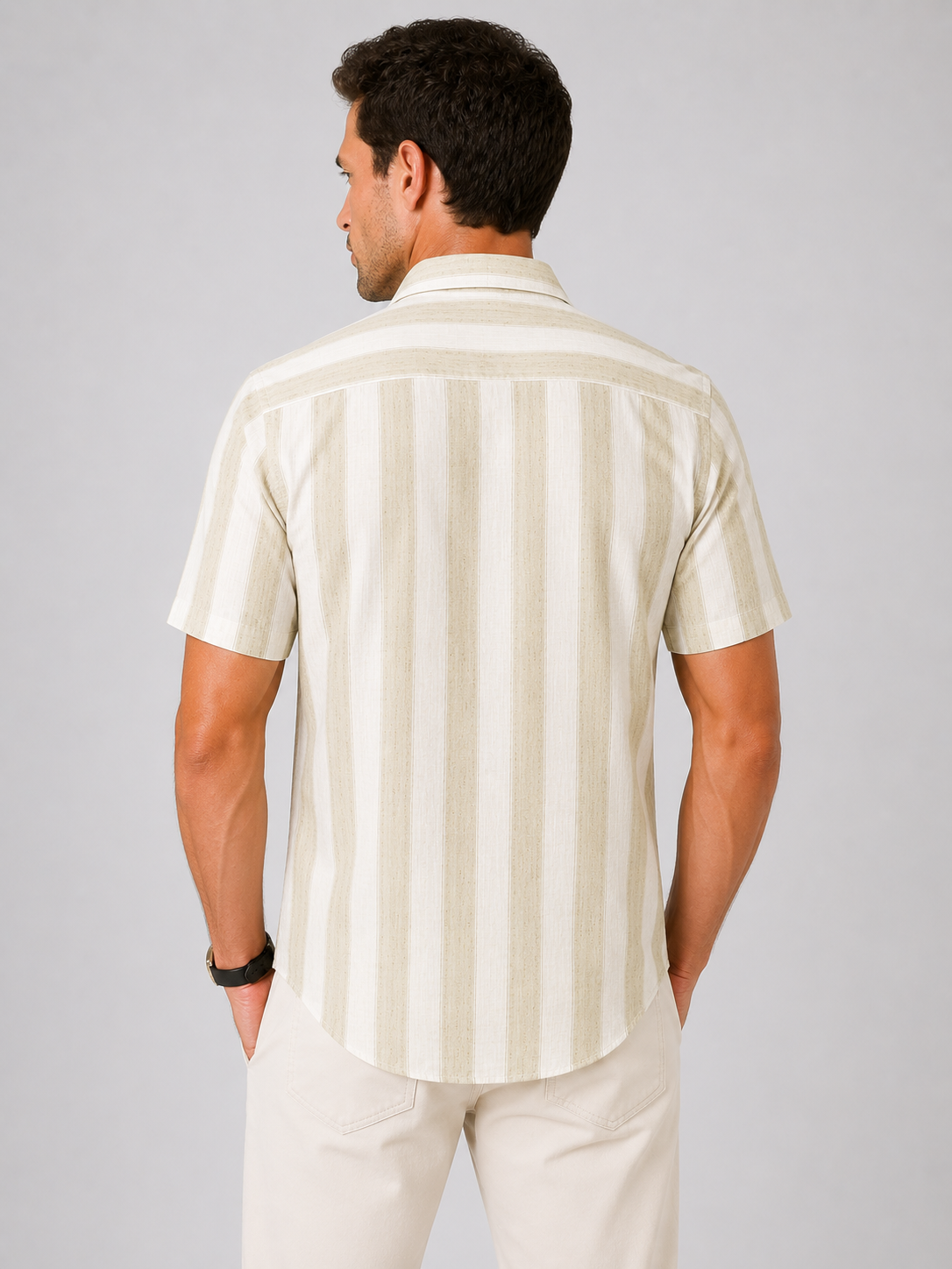 Men’s Beige Striped Linen Cotton Slim Fit Half Sleeve Semi Casual Shirt | MARK & ALBERT