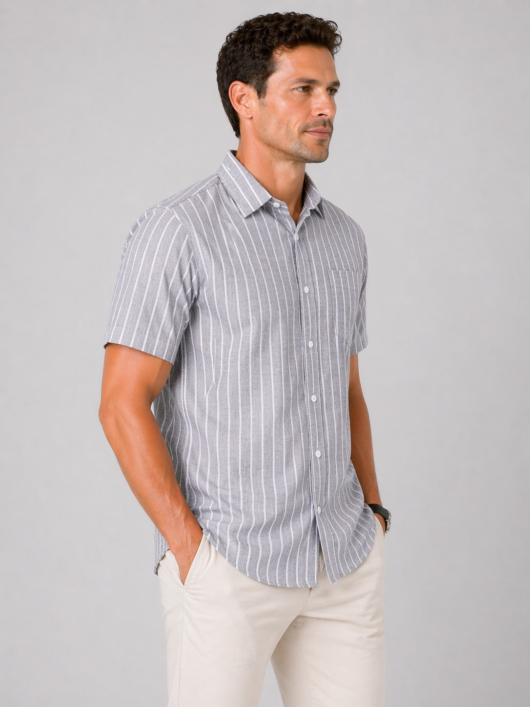 Men’s Steel Grey Striped Shirt Linen Cotton Blend Slim Fit Semi Casual Half Sleeve Shirt | MARK & ALBERT