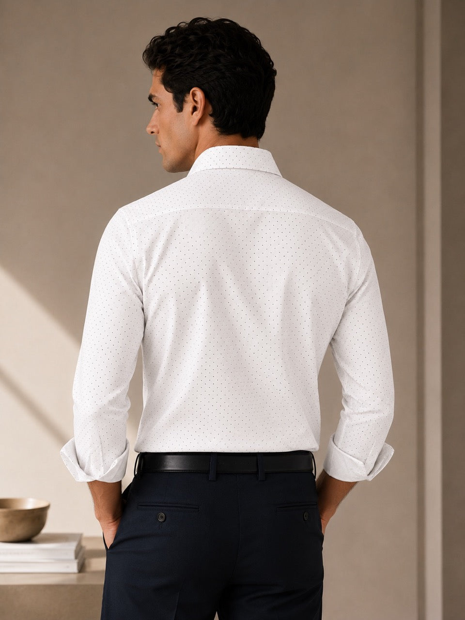 Men's White 100% Cotton Dot Print Slim Fit Formal Shirt | MARK & ALBERT