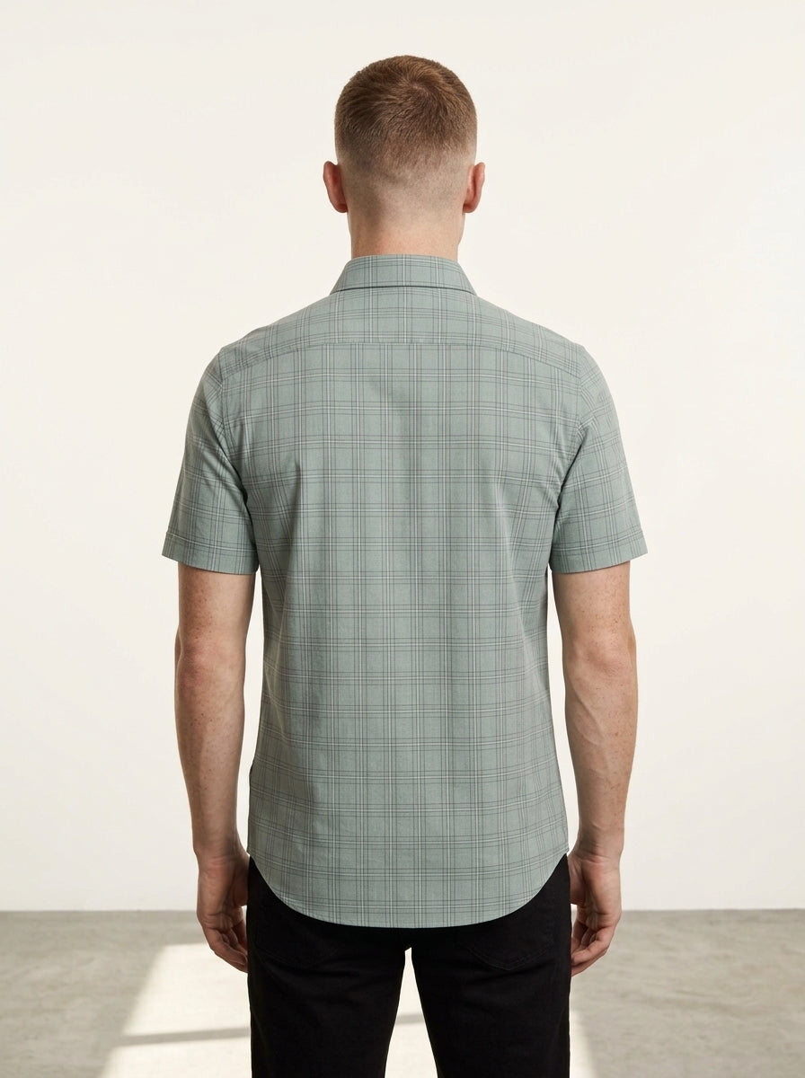 Green Check Cotton Blend Regular Fit Half Sleeve Shirt