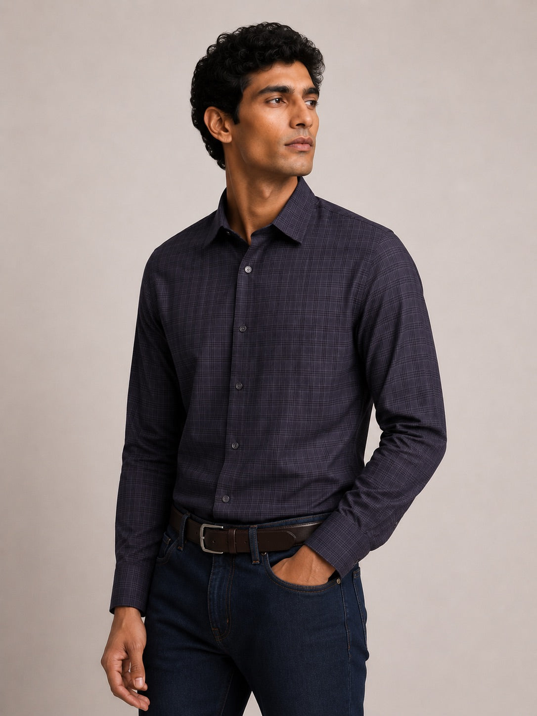Men's Grey Checkered Slim Fit 100% Cotton Shirt | MARK & ALBERT