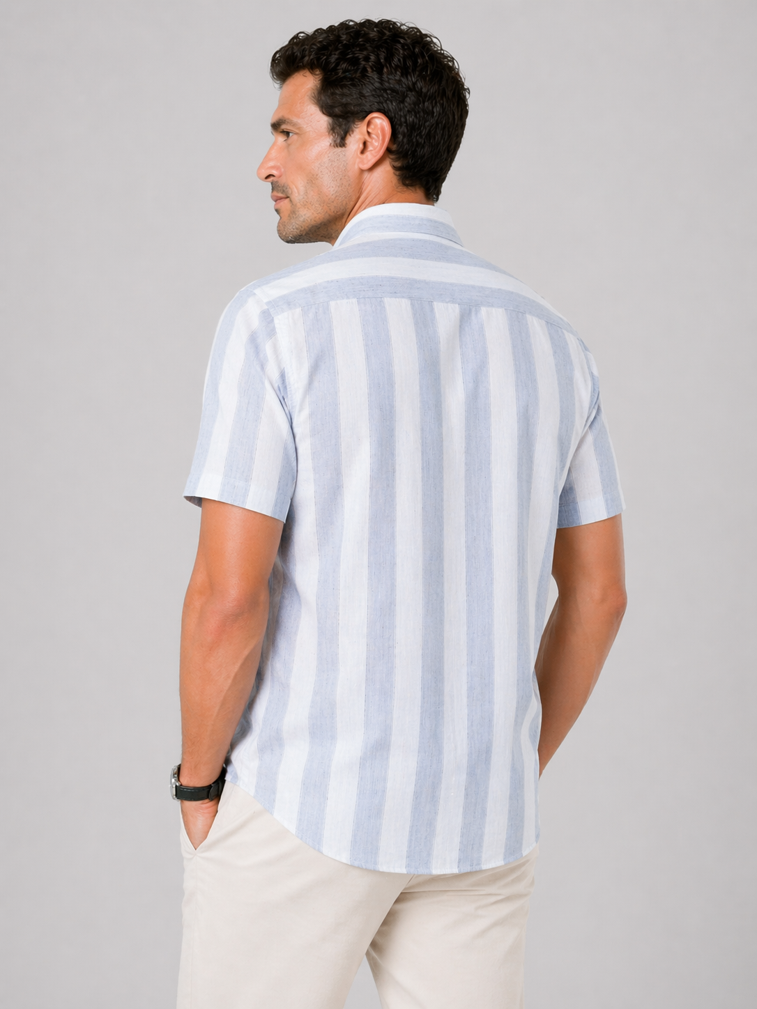 Men’s Grey Striped Linen Cotton Slim Fit Half Sleeve Semi Casual Shirt | MARK & ALBERT