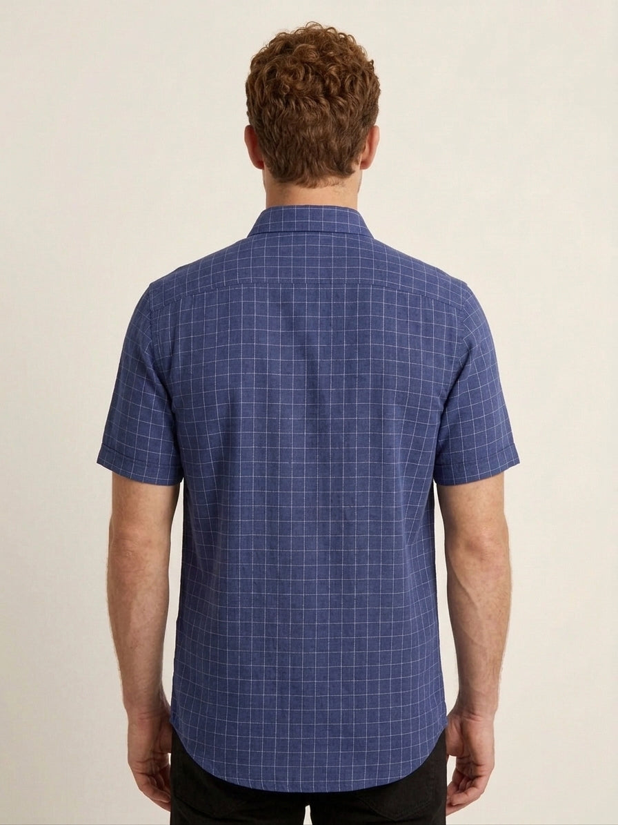Navy Cotton Linen Regular Fit Half Sleeve Shirt