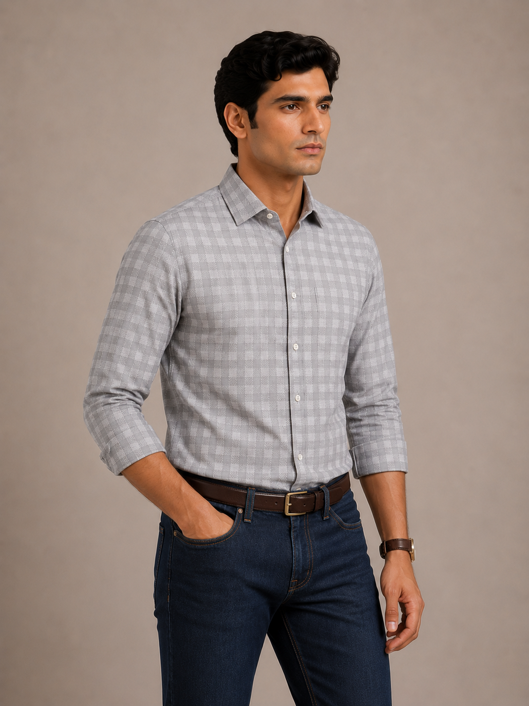 Men's Grey Herringbone Check Slim Fit 100% Cotton Shirt | MARK & ALBERT