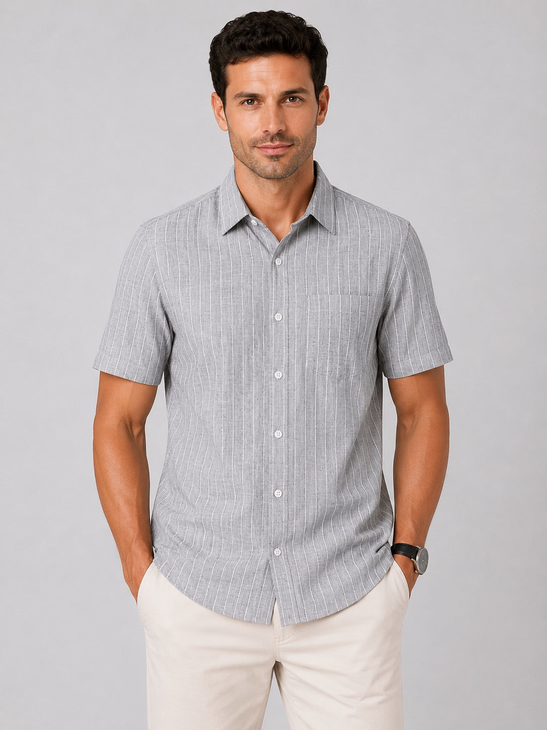 Men's Grey Striped Linen Cotton Blend Half Sleeve Formal Shirt | MARK & ALBERT