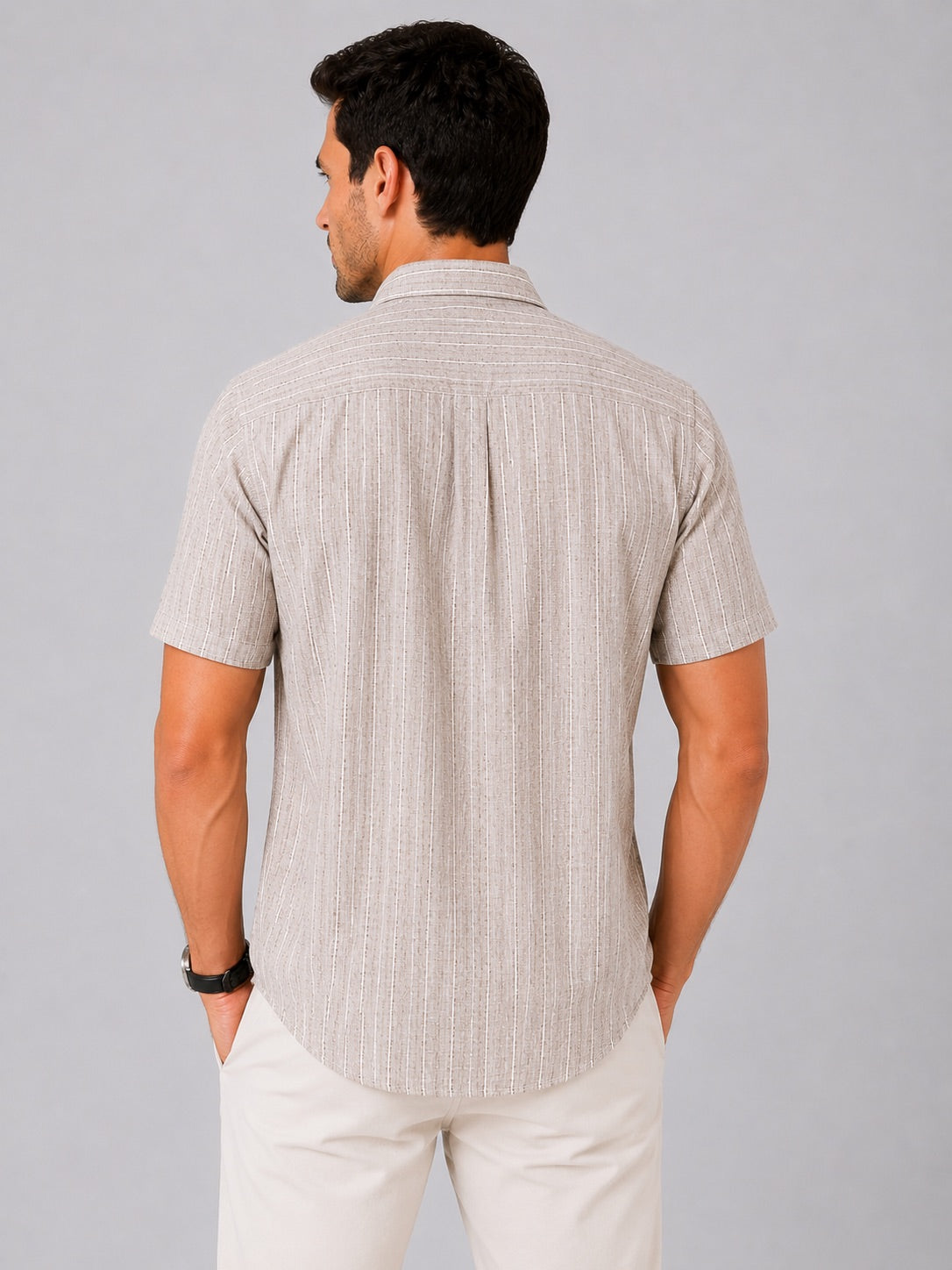 Men's Beige Striped Linen Cotton Blend Half Sleeve Formal Shirt | MARK & ALBERT