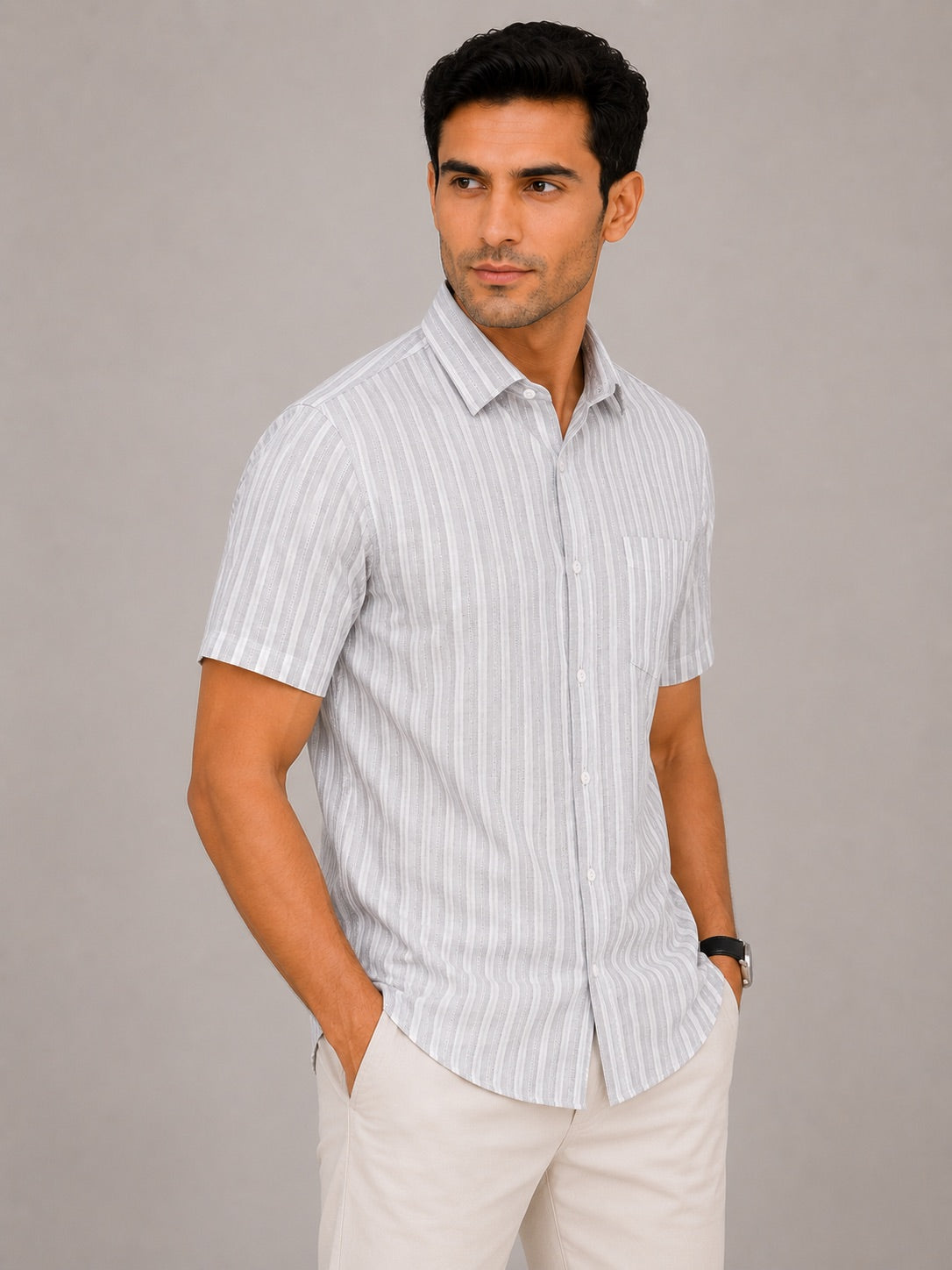 Men's Grey Striped Linen Cotton Blend Half Sleeve Formal Shirt | MARK & ALBERT