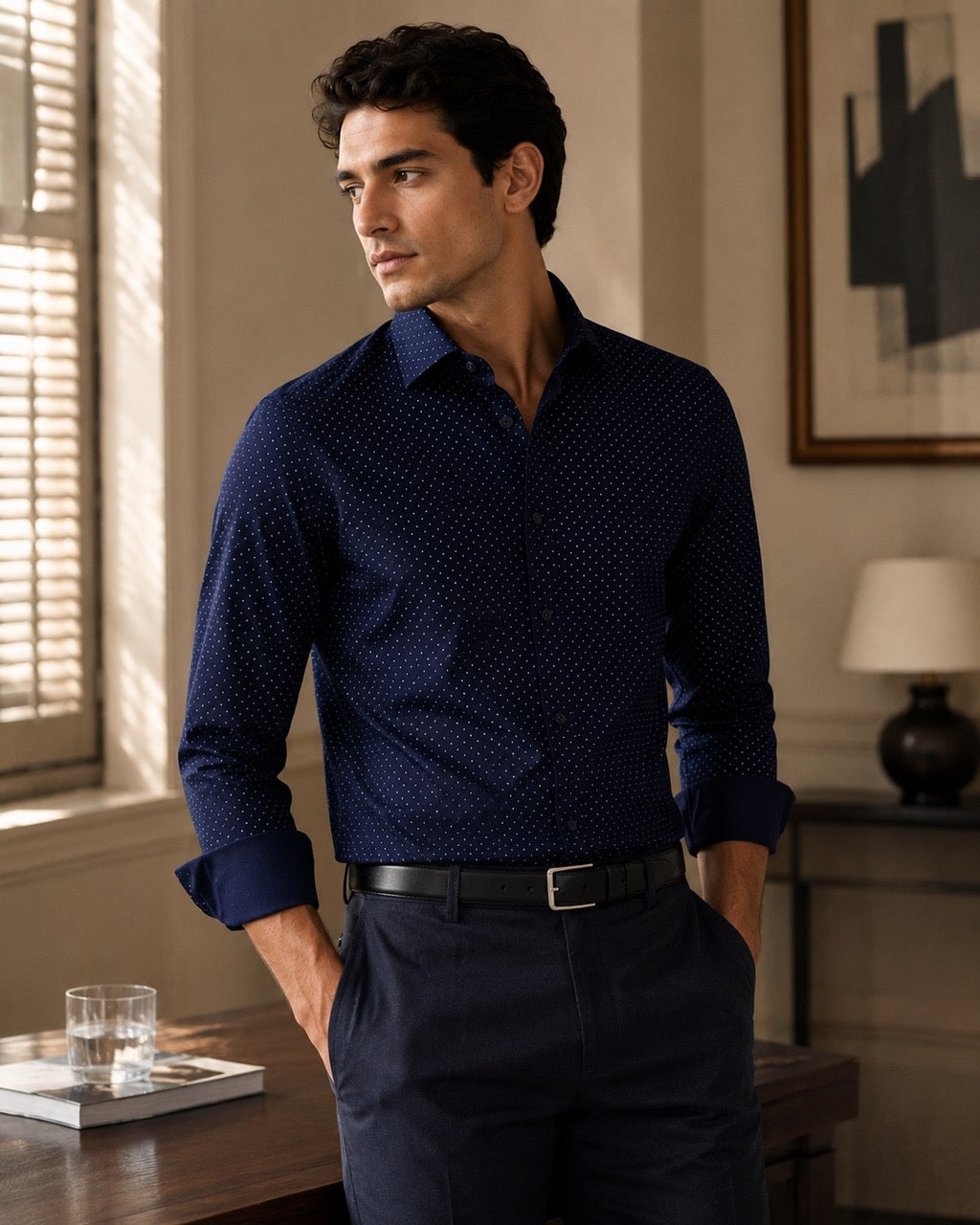 Men's Navy Blue 100% Cotton Dot Print Slim Fit Formal Shirt | MARK & ALBERT