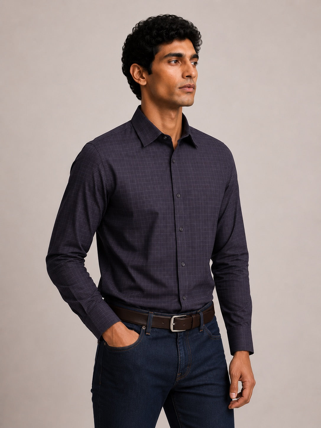 Men's Grey Checkered Slim Fit 100% Cotton Shirt | MARK & ALBERT