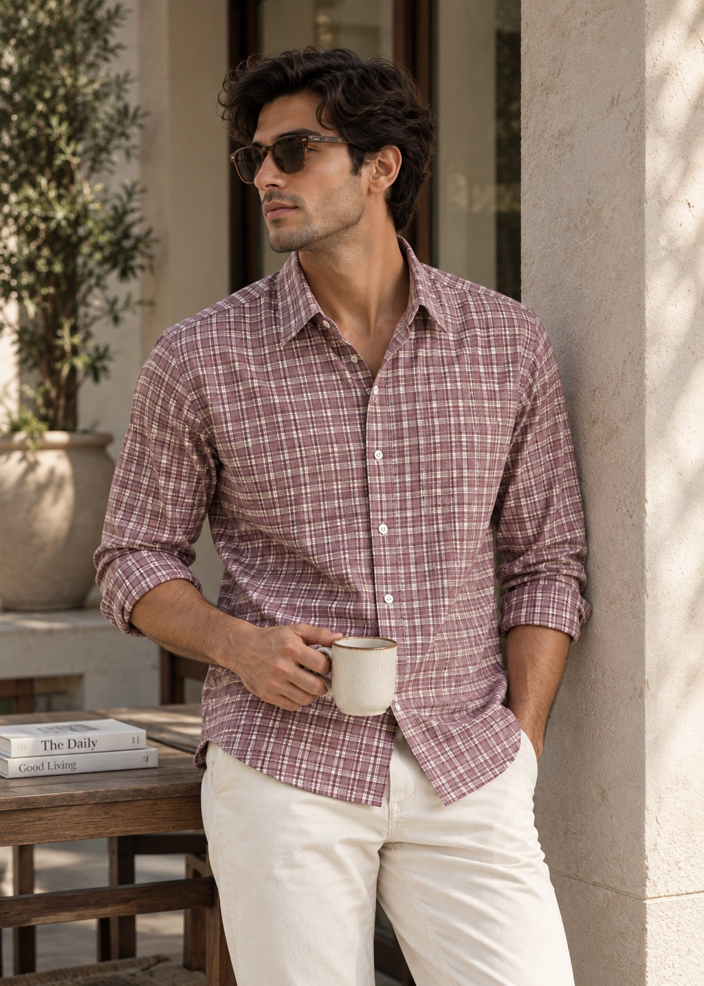 Men's Pink Checks Cotton Linen Slim Fit Casual Shirt | MARK & ALBERT