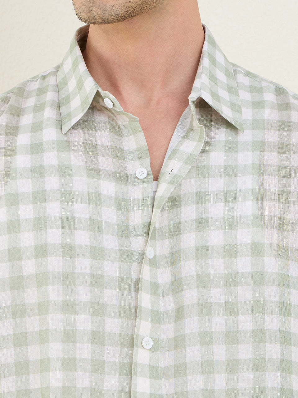 Men's Sage Green Pure Linen Gingham Check Slim Fit Casual Shirt | MARK & ALBERT