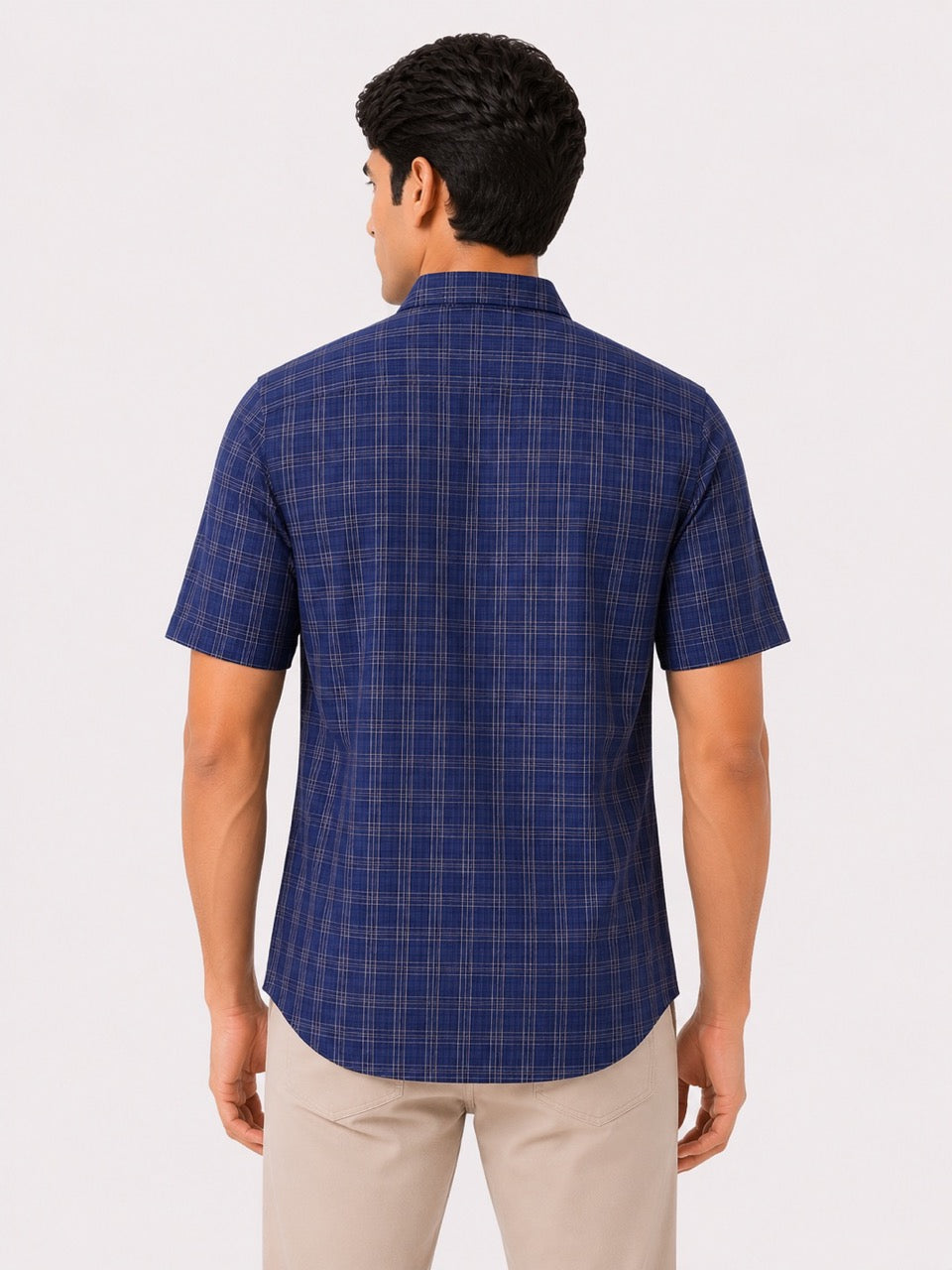 Men's Blue Check Cotton Regular Fit Half Sleeve Formal Shirt | MARK & ALBERT