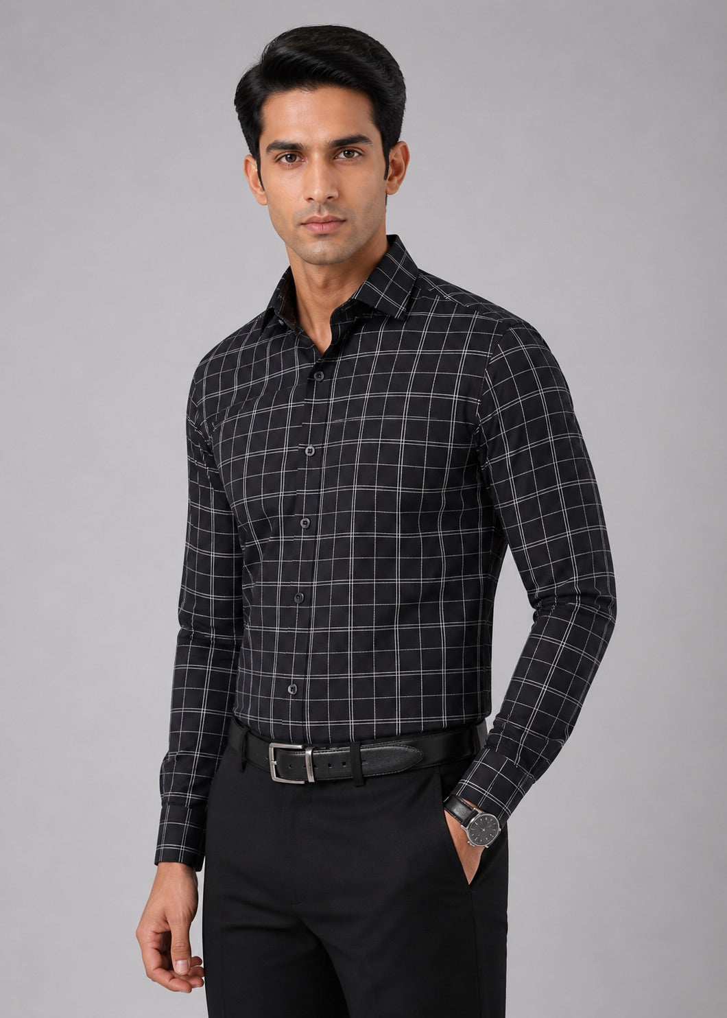 Men’s Black Checkered 100% Cotton Slim Fit Formal Shirt | MARK & ALBERT