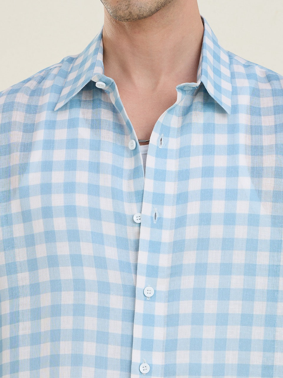 Men's Blue Pure Linen Gingham Check Slim Fit Casual Shirt | MARK & ALBERT