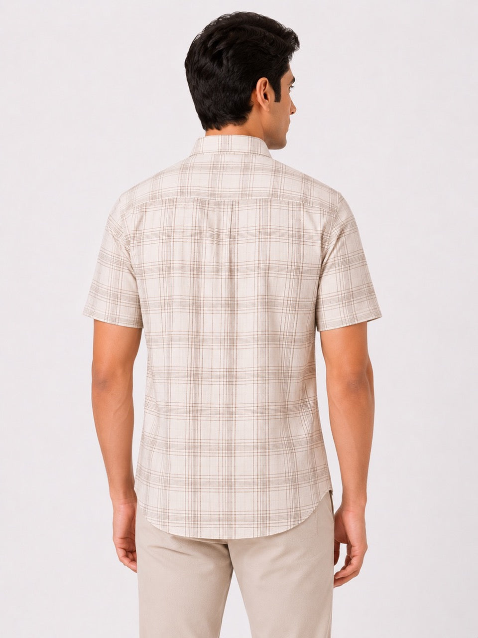 Men's Cream Check Cotton Regular Fit Half Sleeve Formal Shirt | MARK & ALBERT