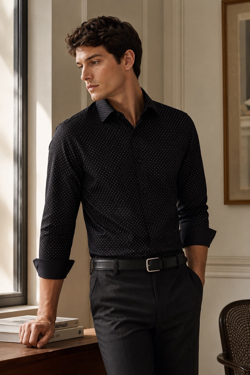 Men's Black 100% Cotton Dot Print Slim Fit Formal Shirt | MARK & ALBERT