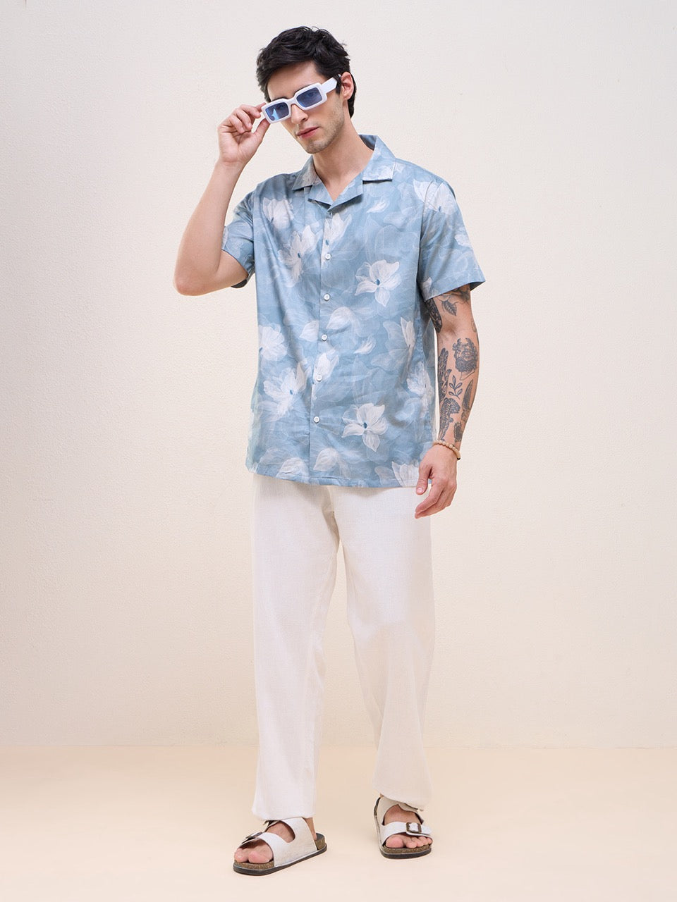 Men's Sky Blue Floral Print 100% Cotton Cuban Collar Regular Fit Casual Shirt | MARK & ALBERT