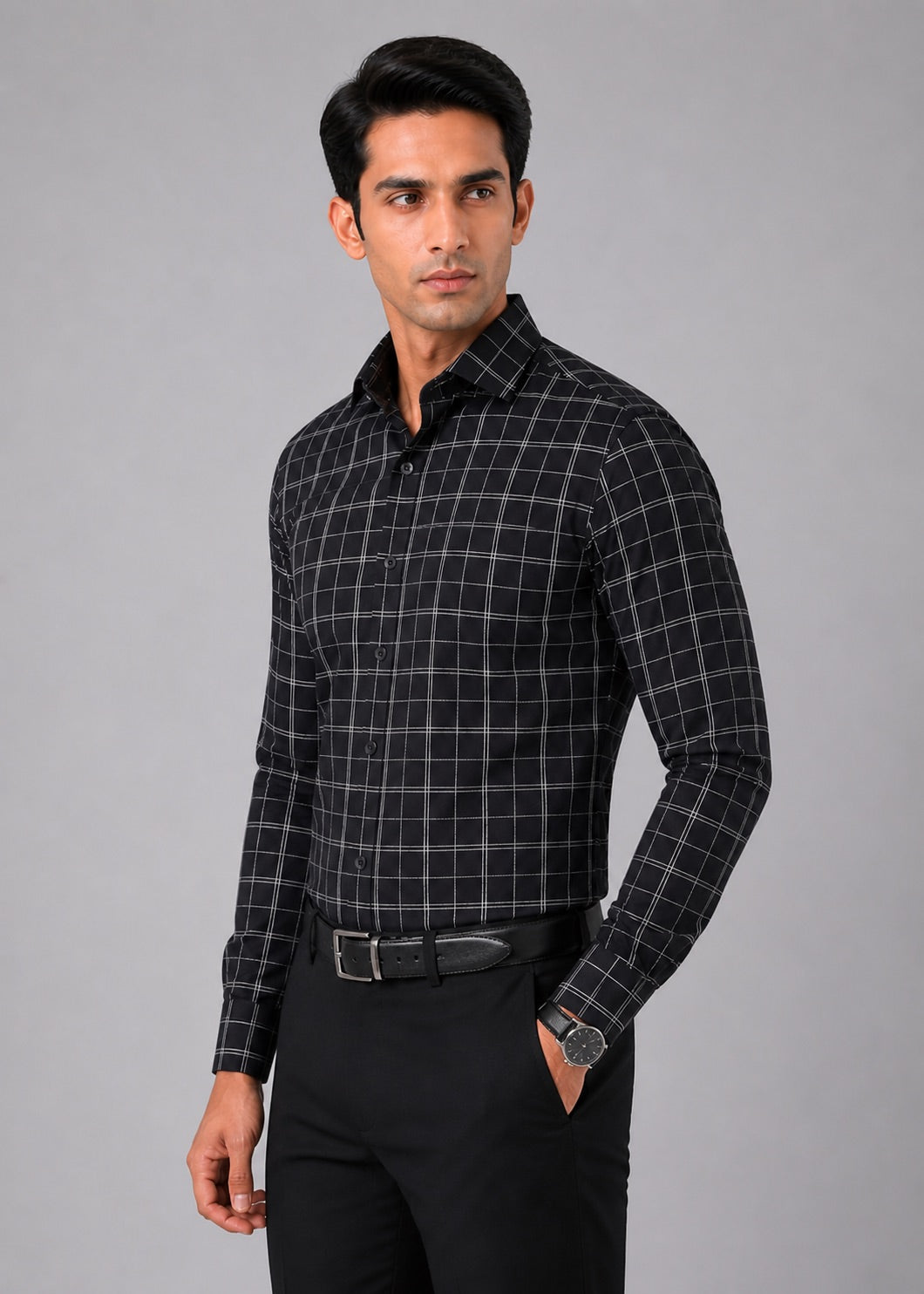 Men’s Black Checkered 100% Cotton Slim Fit Formal Shirt | MARK & ALBERT