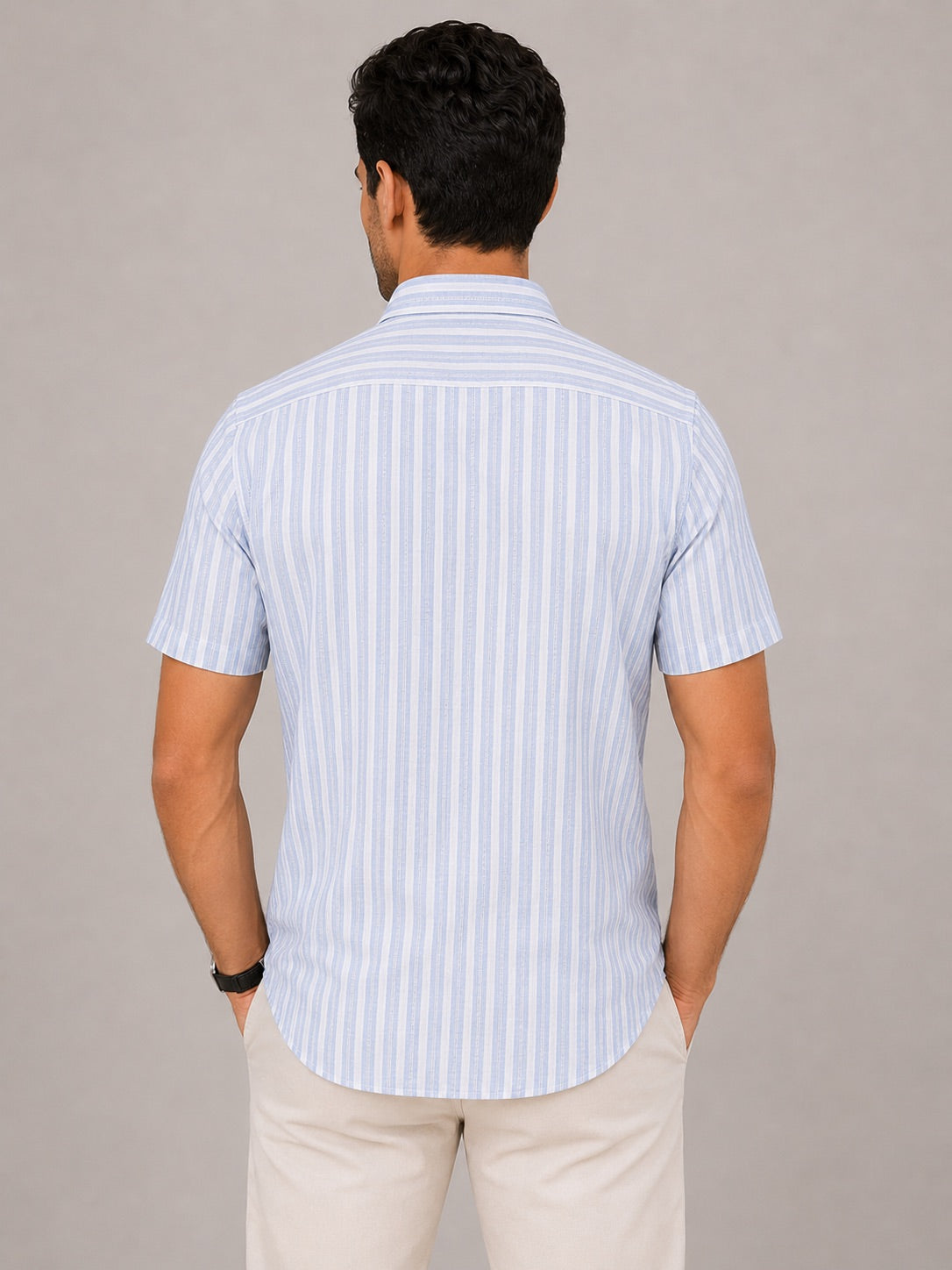 Men's Blue Striped Linen Cotton Blend Half Sleeve Formal Shirt | Regular Fit