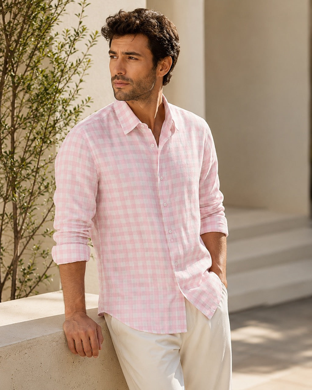 Men's Pink Check Pure Linen Slim Fit Casual Shirt | MARK & ALBERT
