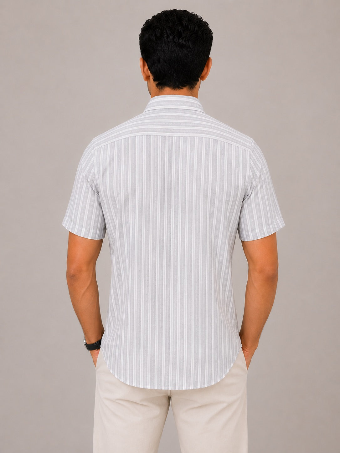 Men's Grey Striped Linen Cotton Blend Half Sleeve Formal Shirt | MARK & ALBERT