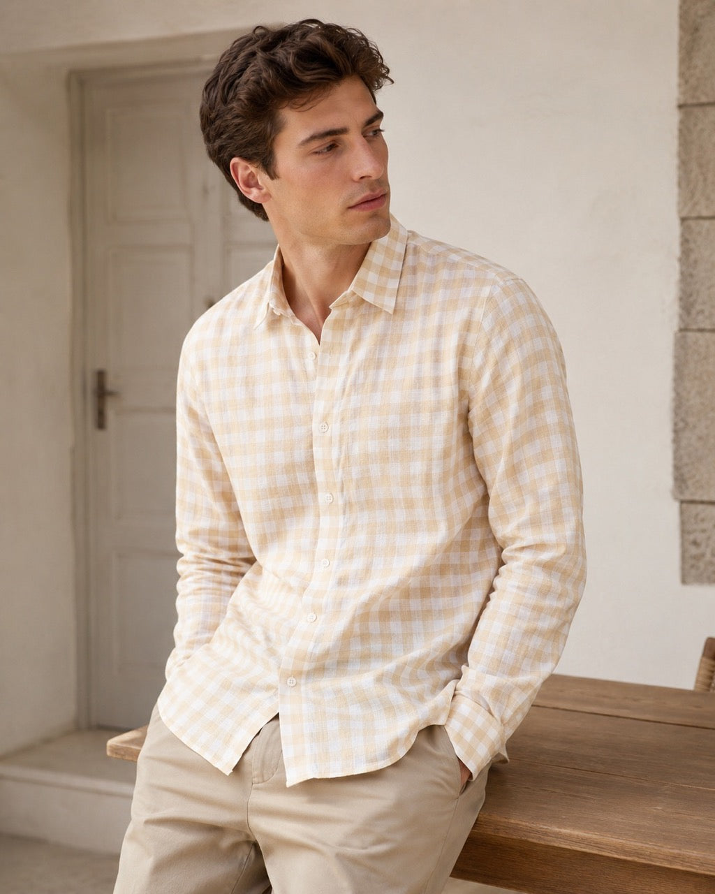 Men's Butter Yellow Pure Linen Gingham Check Slim Fit Casual Shirt | MARK & ALBERT
