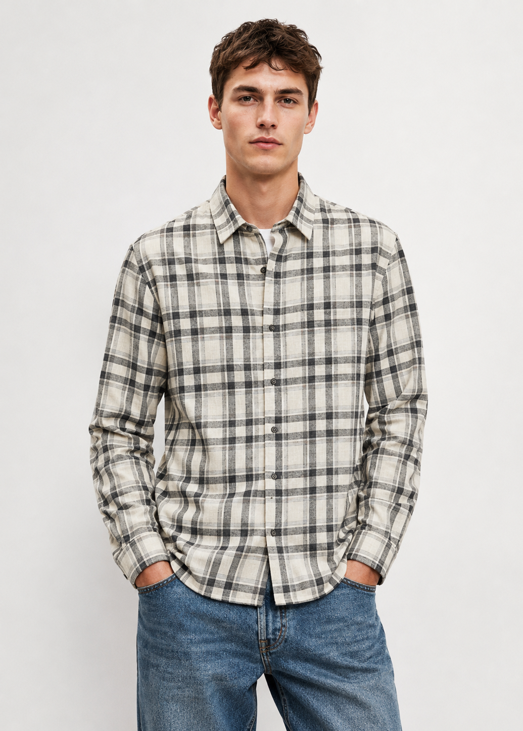 Men's Beige Checkered Cotton Linen Slim Fit Casual Shirt | Mark & Albert