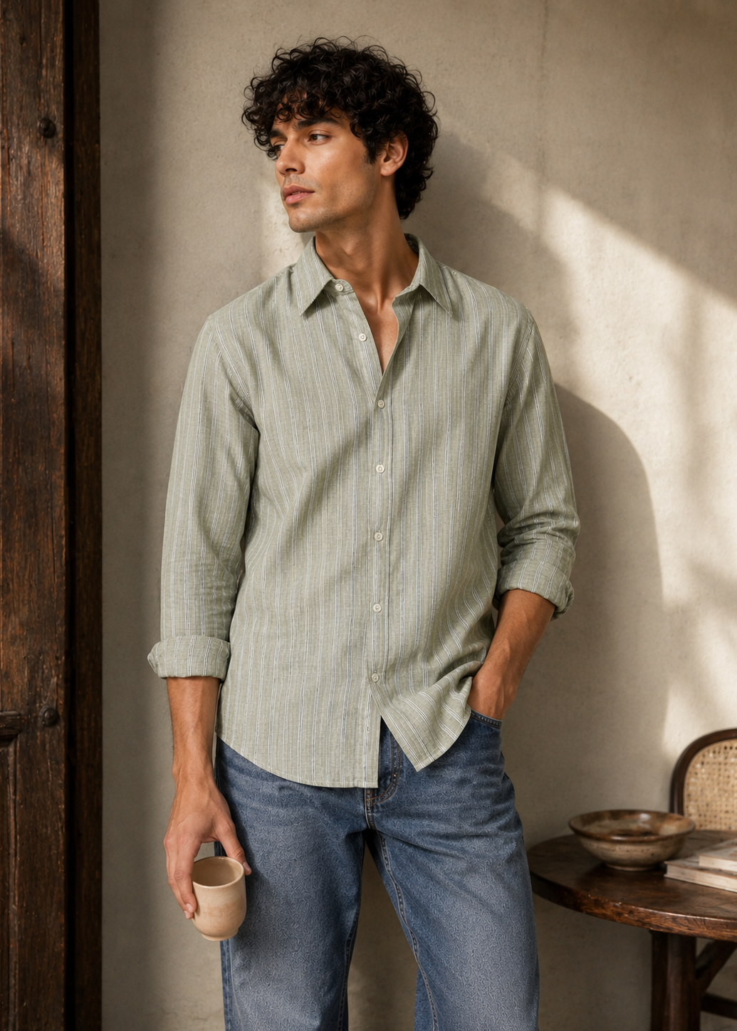 Men's Sage Green Striped Cotton Linen Slim Fit Shirt | Mark & Albert