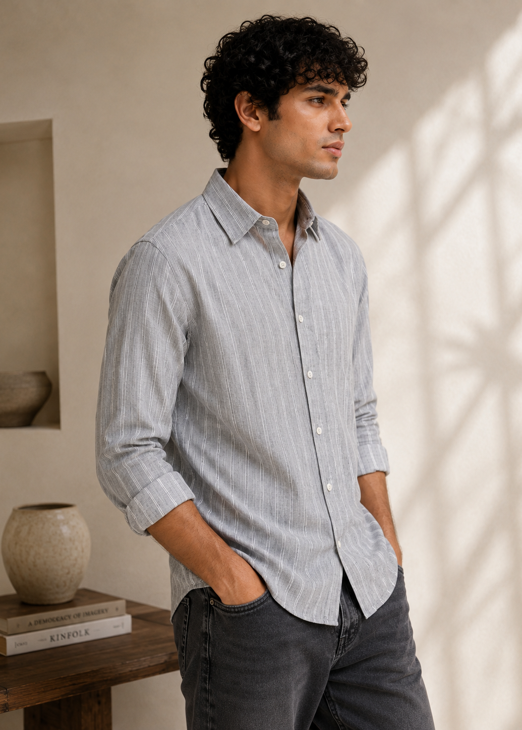 Men's Grey Striped Cotton Linen Slim Fit Casual Shirt | Mark & Albert