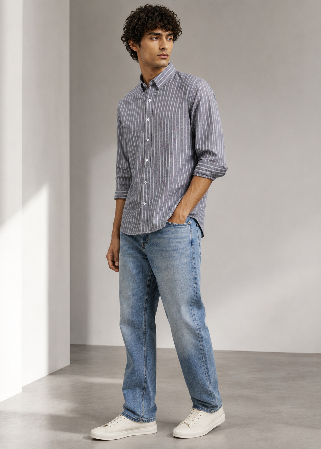Men's Grey Striped Cotton Linen Slim Fit Shirt | Mark & Albert