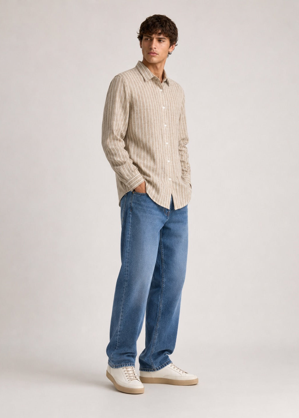 Men's Beige Striped Cotton Linen Slim Fit Casual Shirt | Mark & Albert