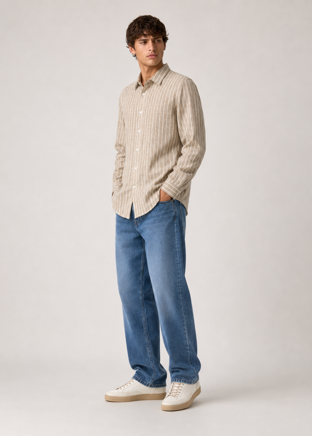 Men's Beige Striped Cotton Linen Slim Fit Casual Shirt | Mark & Albert