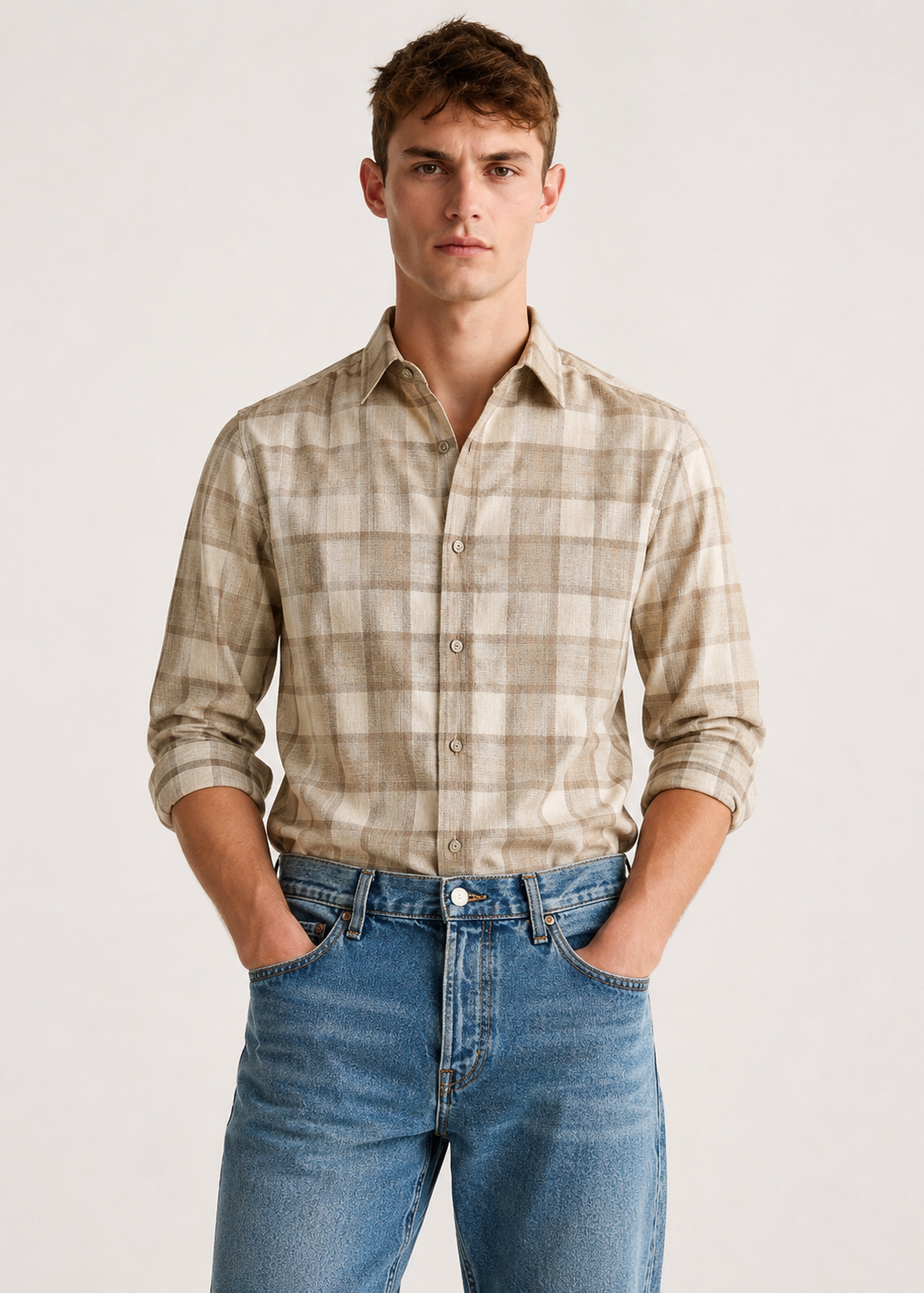 Men's Beige Checkered Cotton Linen Slim Fit Casual Shirt | Mark & Albert