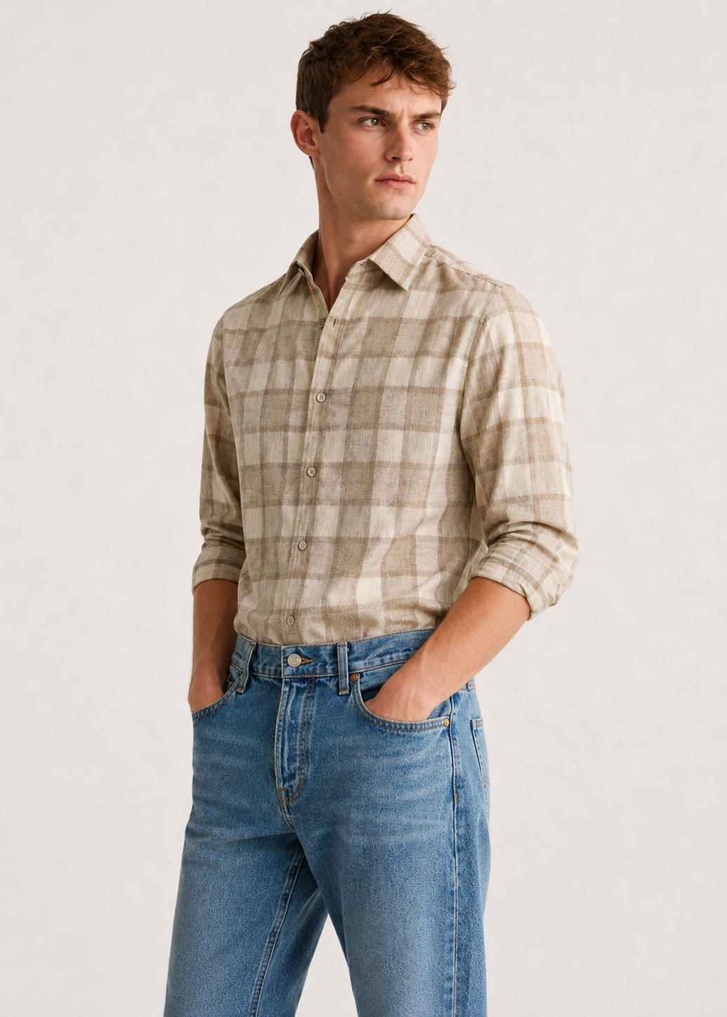 Men's Beige Checkered Cotton Linen Slim Fit Casual Shirt | Mark & Albert