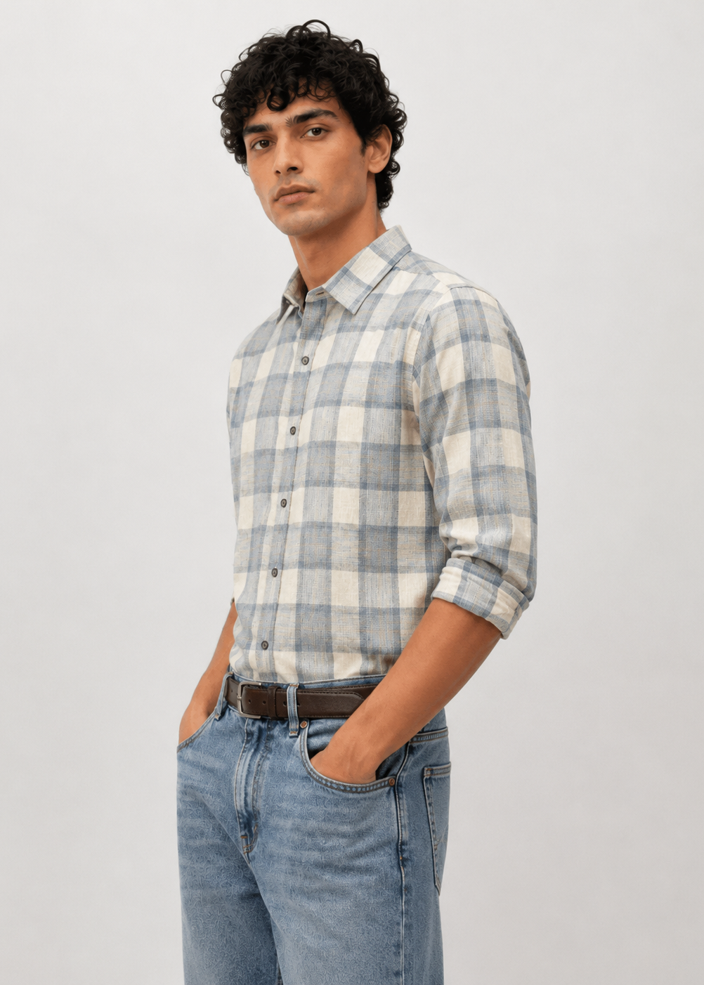 Men's Grey Checkered Cotton Linen Slim Fit Casual Shirt | Mark & Albert