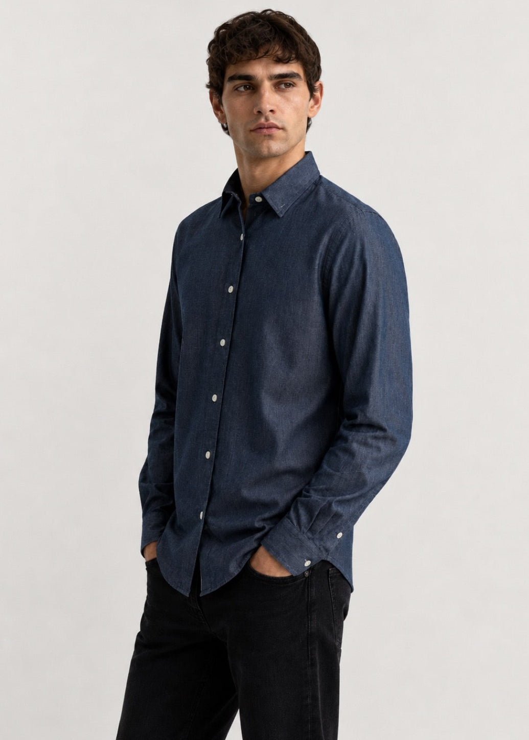 Dark Indigo Denim Cotton Slim Fit Casual Shirt