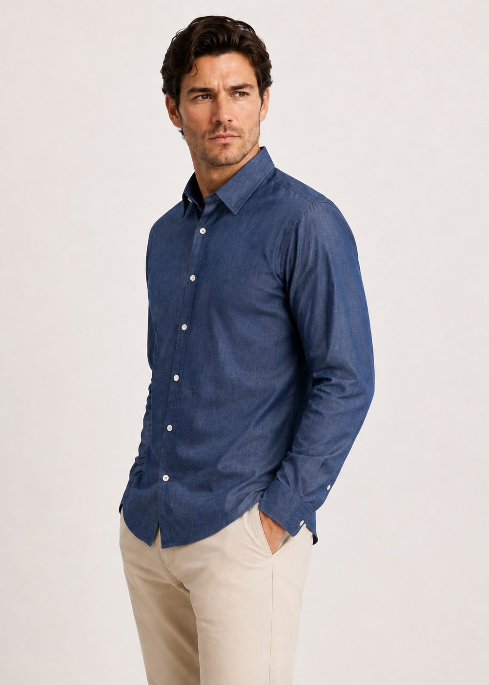 Men's Dark Blue Denim 100% Cotton Slim Fit Casual Shirt | MARK & ALBERT