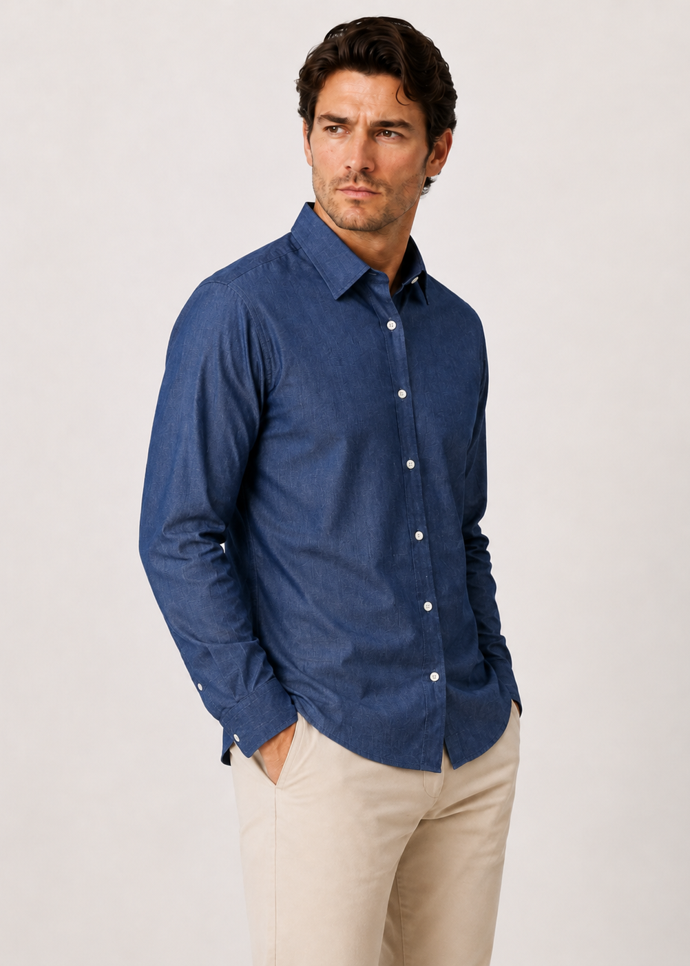 Men's Dark Blue Denim 100% Cotton Slim Fit Casual Shirt | MARK & ALBERT