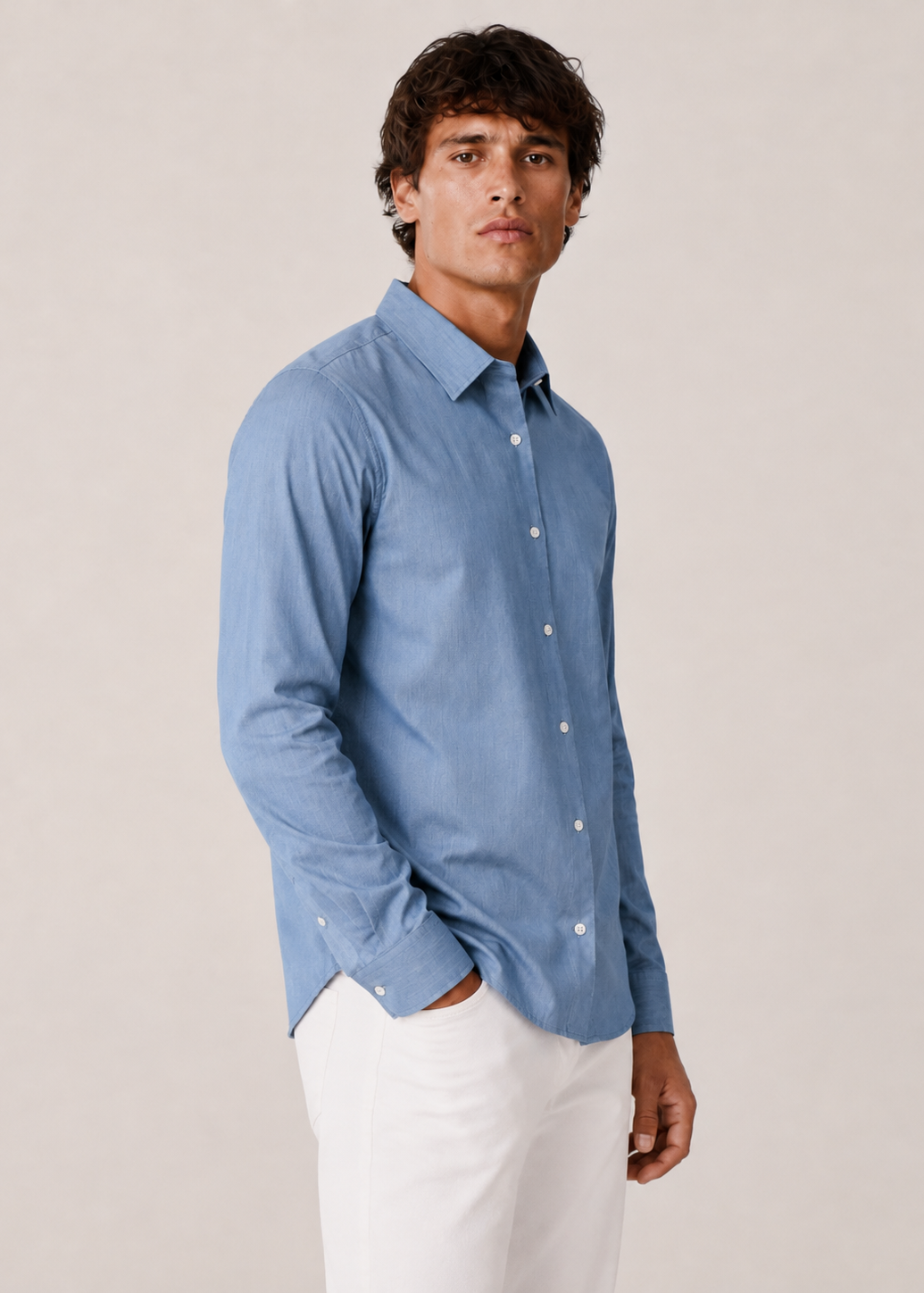 Men's Light Blue Denim 100% Cotton Slim Fit Casual Shirt | MARK & ALBERT