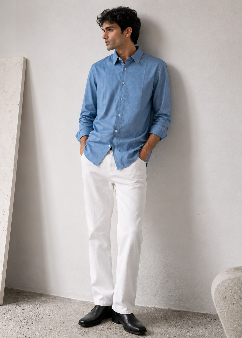 Men's Light Blue Denim 100% Cotton Slim Fit Casual Shirt | MARK & ALBERT